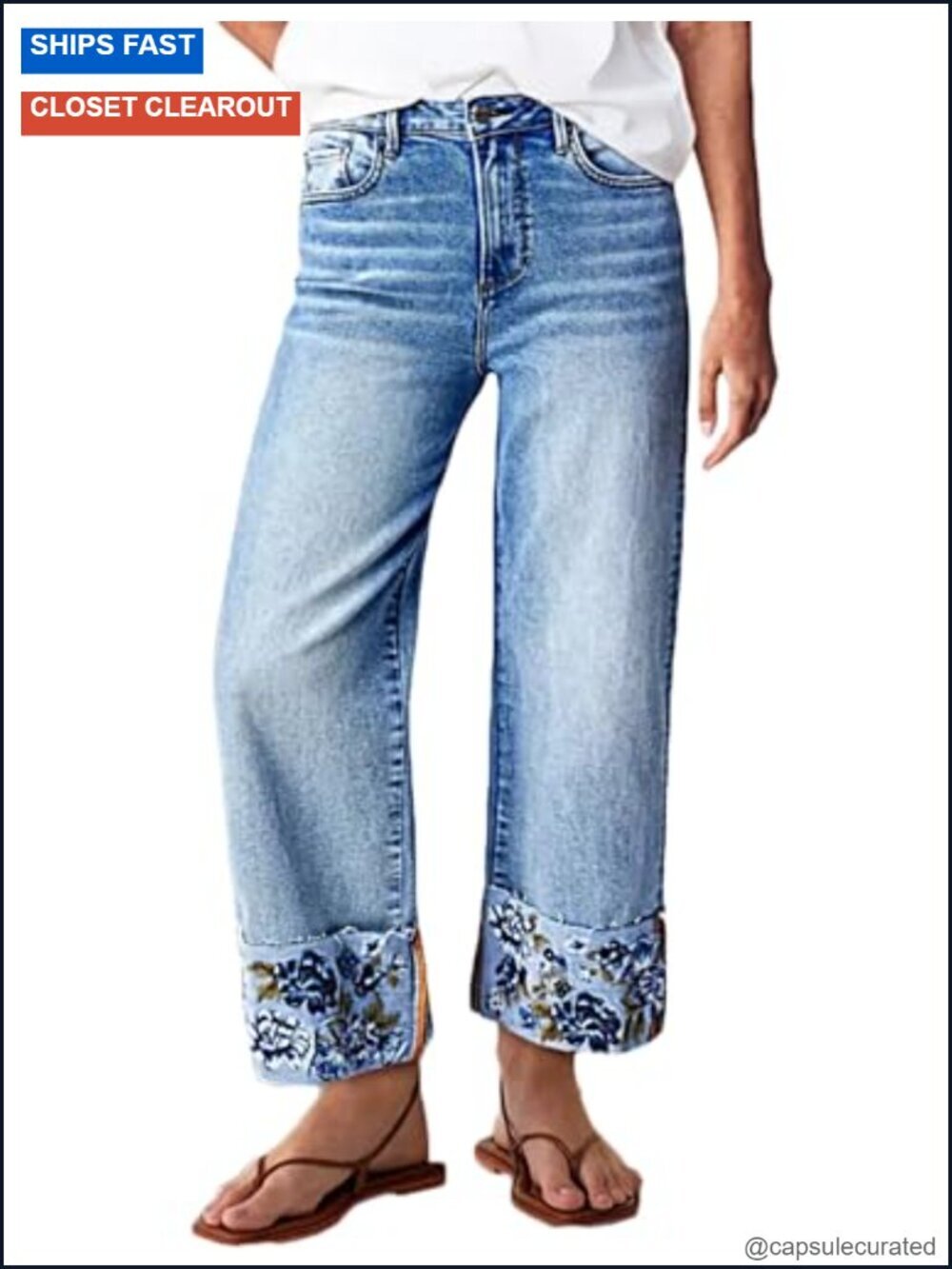 Embroidered Straight Leg Crop Capri Jeans Stretch Denim Mid Rise